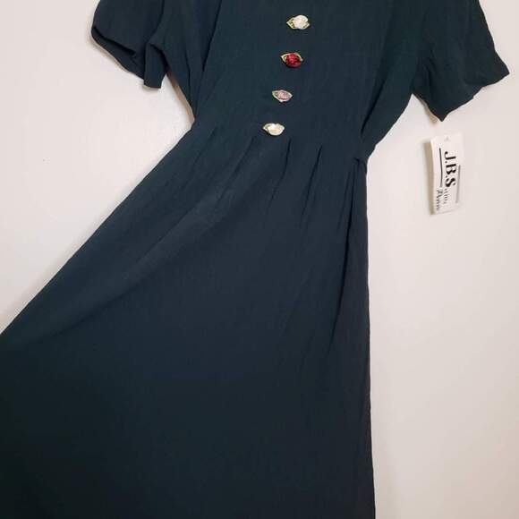 Deadstock Vintage 90s Short Sleeve Midi Dress Green Rosebud Embellishments 10P - Picture 7 of 11